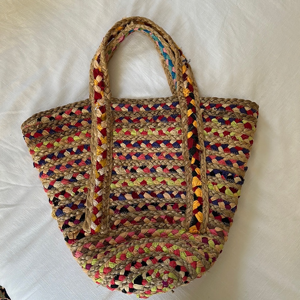 Anthropologie Fiesta Rainbow Cotton Jute Woven Tote Bag
